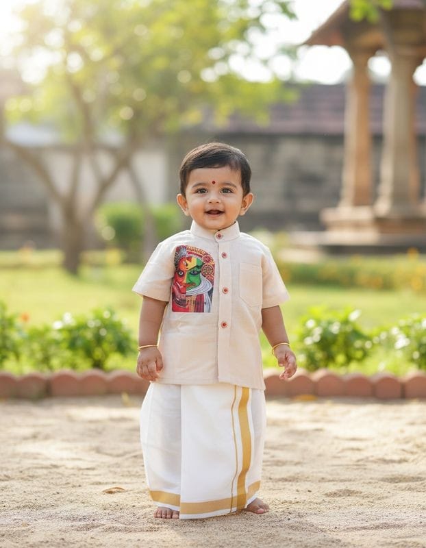 Kids Shirt and Mundu Cream Colour Theyyam Print